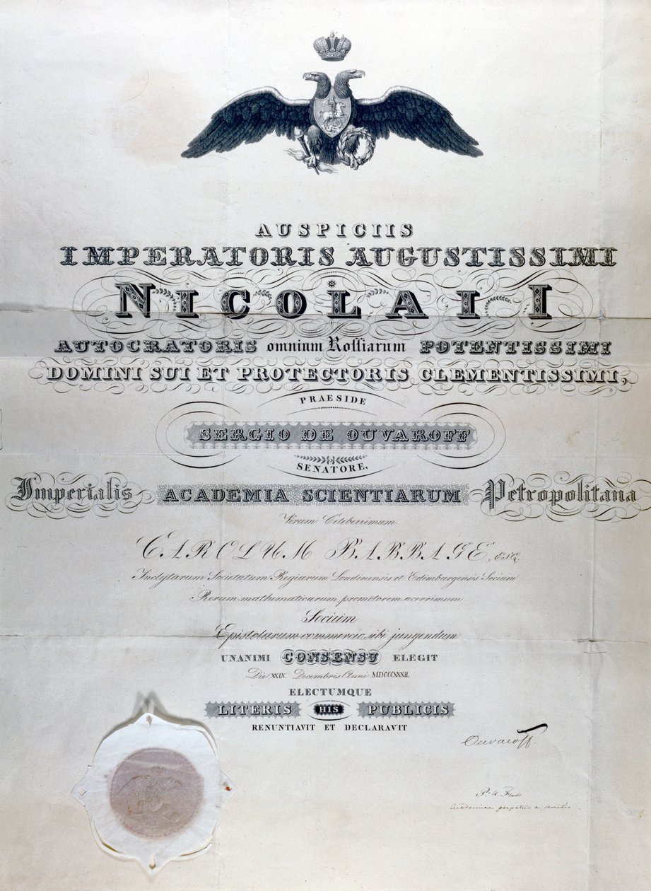 Dyplom Babbage z Imperial Academy of Sciences Petropolitan autorstwa Unbekannt