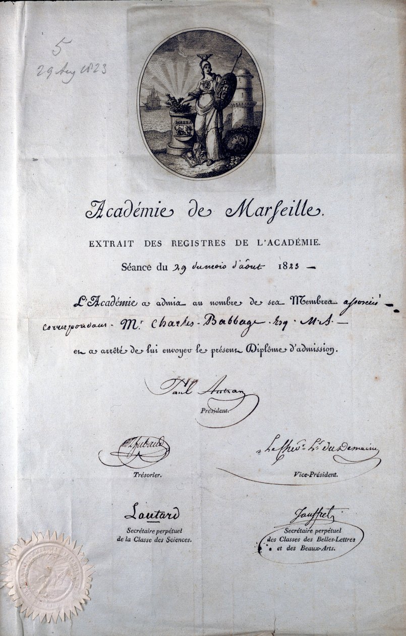 Dyplom Babbage z Academie de Marseilles autorstwa Unbekannt