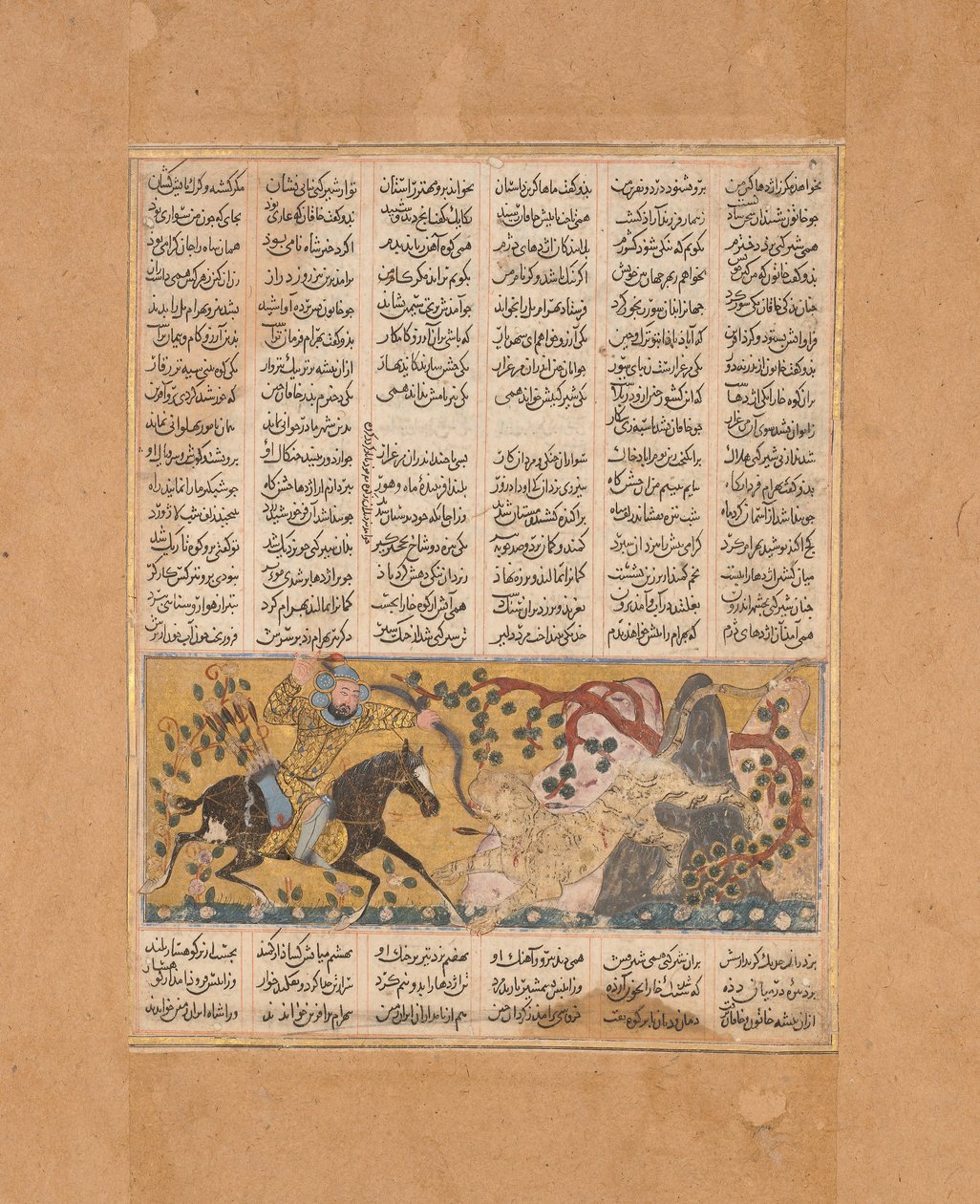 Bahram Chubina zabija potwora małpy w kształcie lwa, Folio z szahnamy..., ca. 1300-30. autorstwa Unbekannt