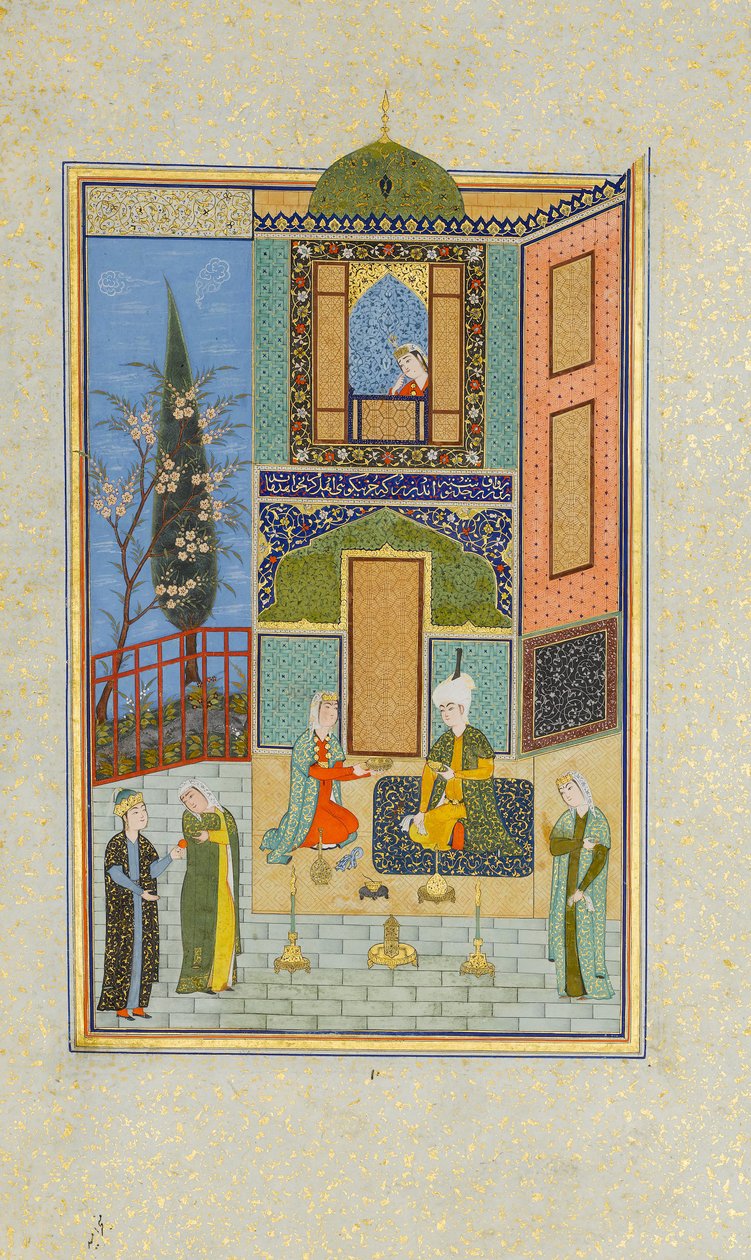 Bahram Gur w Zielonym Pałacu w poniedziałek, Folio z Kwintetu Khamsa z Nizami, AH 931 AD. 152 autorstwa Unbekannt