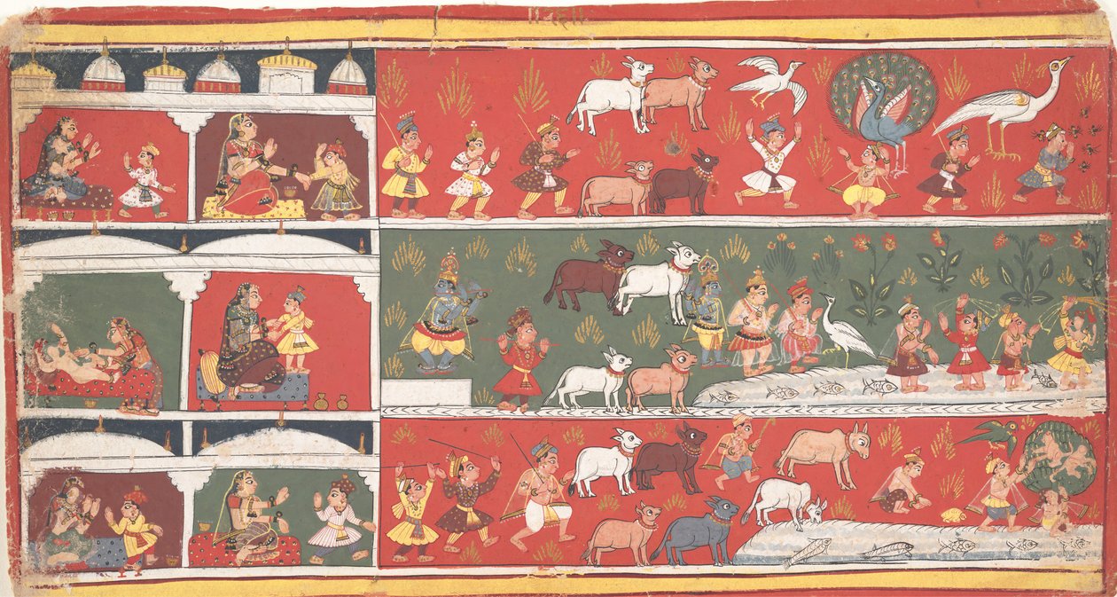 Bakasura, Demon Żurawia, przybywa do Brindavan... Rozproszona Bhagavata Purana..., ca. 1700. autorstwa Unbekannt