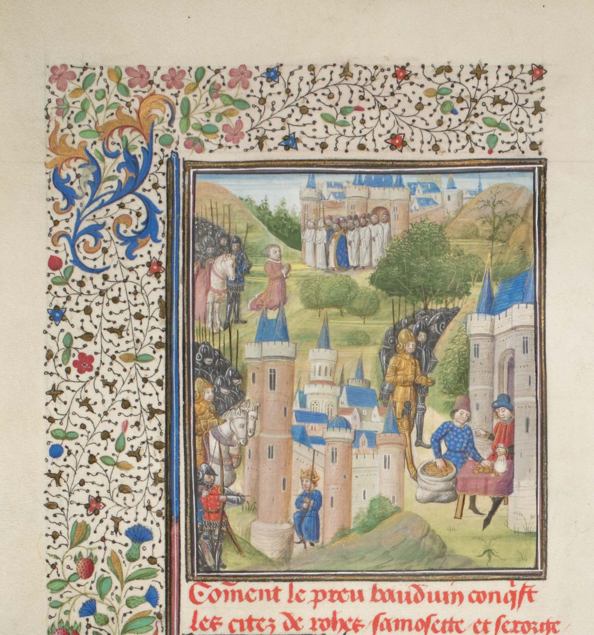 Baldwin z Boulogne wjeżdżający do Edessy w lutym 1098. Miniatura z Historii Wilhelma Tyru, lata 60. XIV wieku autorstwa Unbekannt