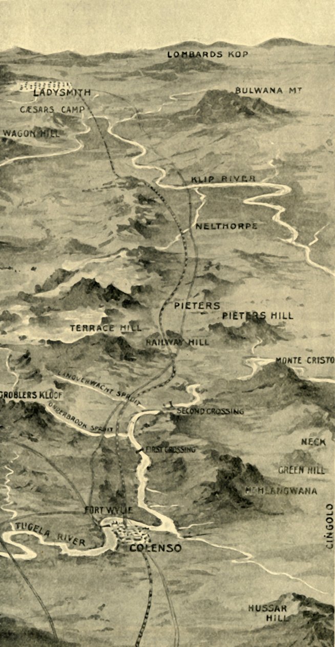„Mapa balonowa ilustrująca bitwę pod Pieters i płaskorzeźba Ladysmith”, 1900. autorstwa Unbekannt