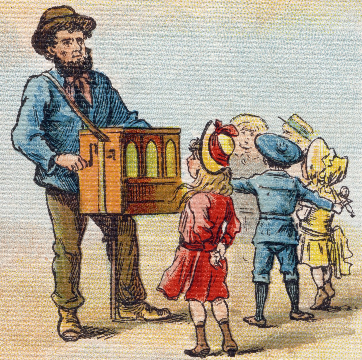 Barbary organ. Grawerowanie w "Alfabet de ma petite fille". Bernardin-Bechet i Fils, księgarz-wydawnictwo, Paryż, ok. 1895. Niezniszczalny album na płótnie. Bibliotheque des Bebes. 12 stron. Album zawierający sposób czytania i ilustracyjne abecedary. autorstwa Unbekannt