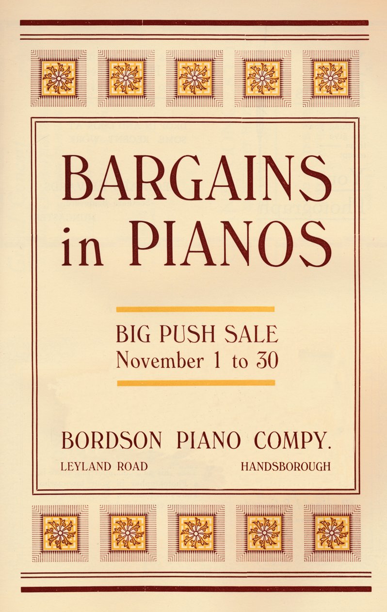 Okazje w fortepianach - ogłoszenie Bordson Piano Companys, 1916 autorstwa Unbekannt
