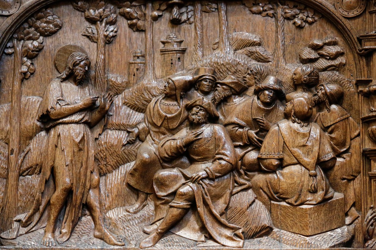 Bazylika św, Denis, Stalle Kaplicy Goillon (pocz. XVI w.), Wizerunek Jezusa wypowiadającego się w przypowieściach przed mieszkańcami Palestyny, Saint-Denis, Francja autorstwa Unbekannt