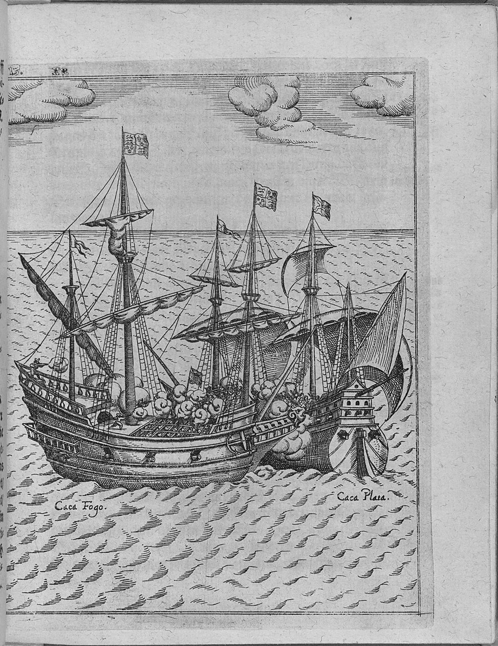 Bitwa między statkiem Francisa Drakesa Golden Hind a hiszpańskim statkiem Cacafuego. Od Levinusa Hulsiu autorstwa Unbekannt