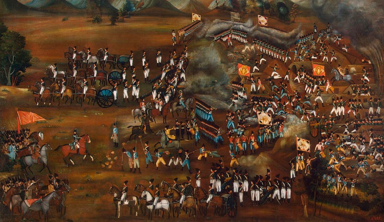 Bitwa między Persami i Rosjanami w pobliżu Sułtanabadu, 13 lutego 1812 r. c1815 autorstwa Unbekannt