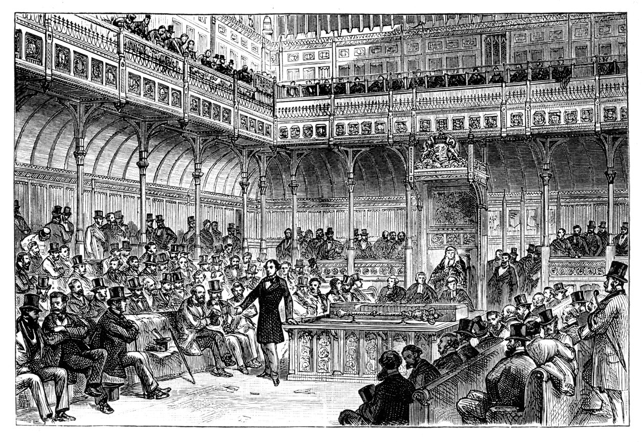 Benjamin Disraeli wprowadzający swój projekt reformy w Izbie Gmin, ok. 1867 r. autorstwa Unbekannt