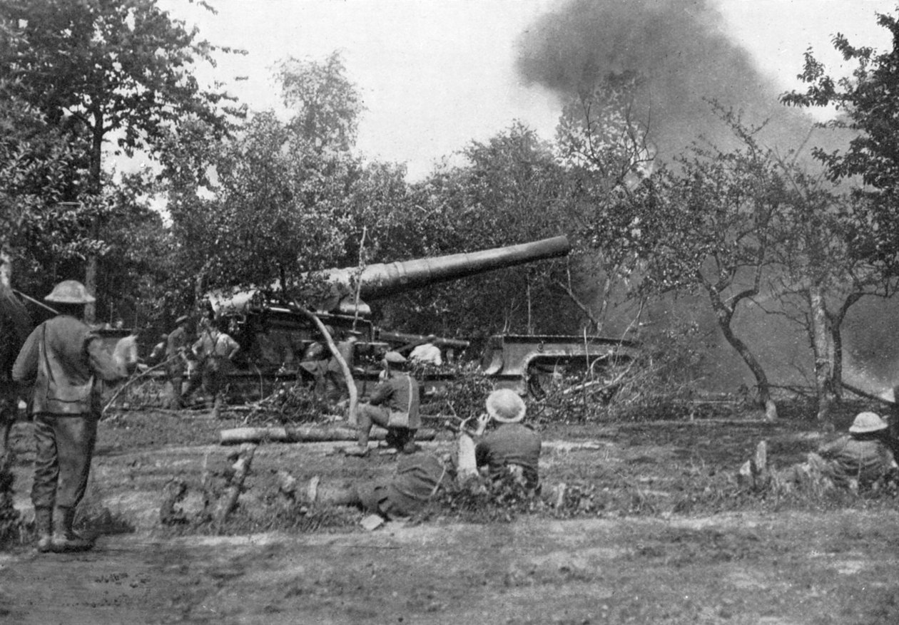 Strzelanie z wielkiego działa kolejowego podczas natarcia na zachód, I wojna światowa, 1914-1918, ok. 1920 autorstwa Unbekannt