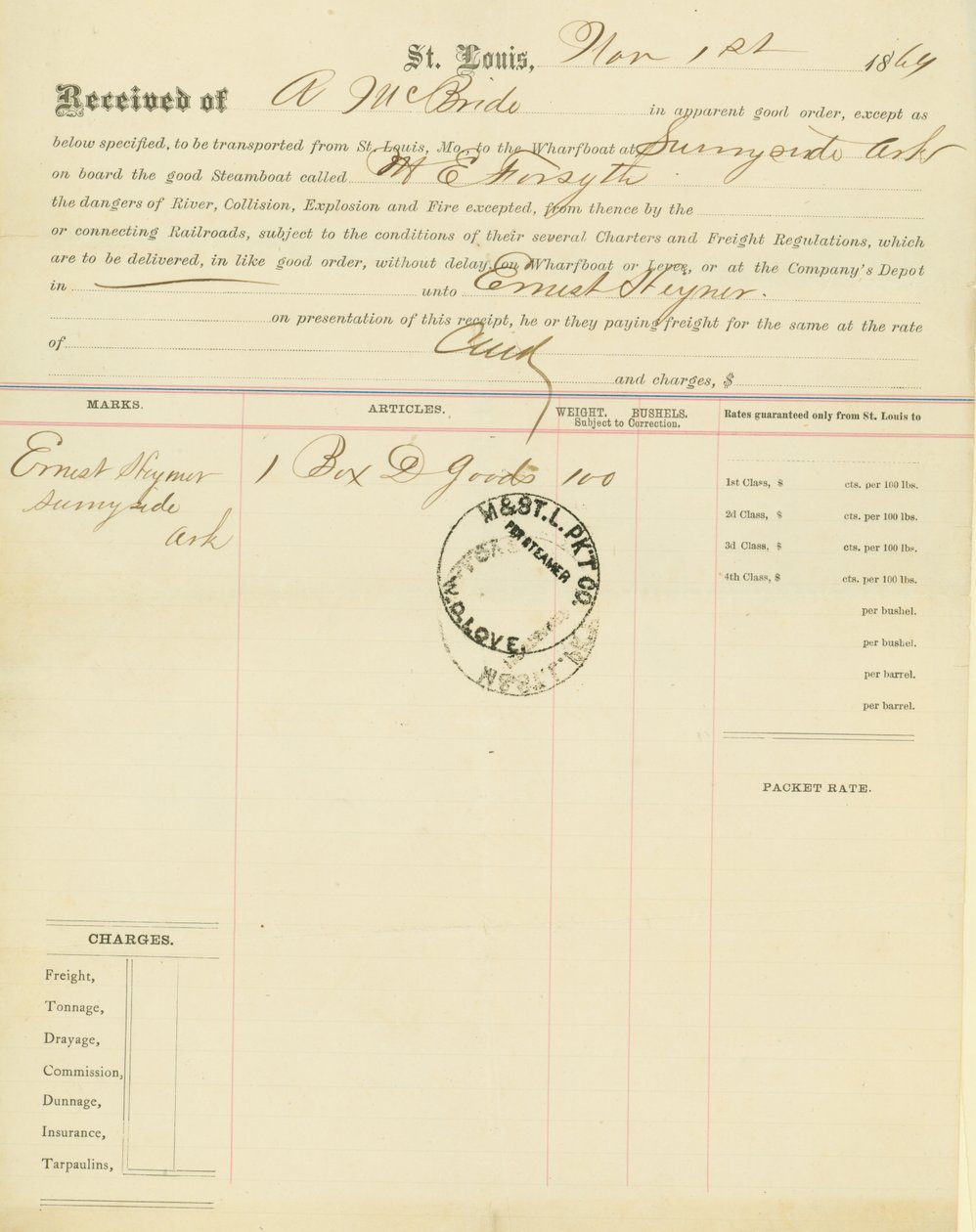 Konosament, parowiec M[ary] E. Forsyth, Sunnyside, Arkansas, 1 listopada 1864 autorstwa Unbekannt