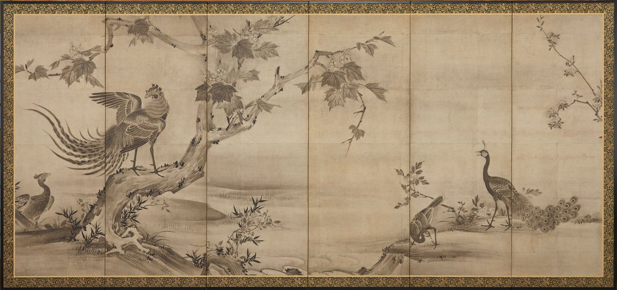 Ptaki, kwiaty i drzewa: z tyłu bambusowe drzewa, okres Momoyama, 1568-1615. autorstwa Unbekannt