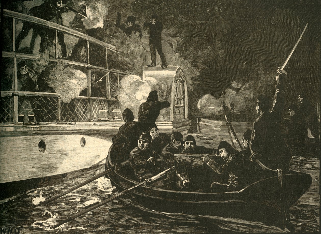 Siły brytyjskie zdobywają kanadyjski statek rebeliantów Caroline na rzece Niagara, 1837–1890. autorstwa Unbekannt