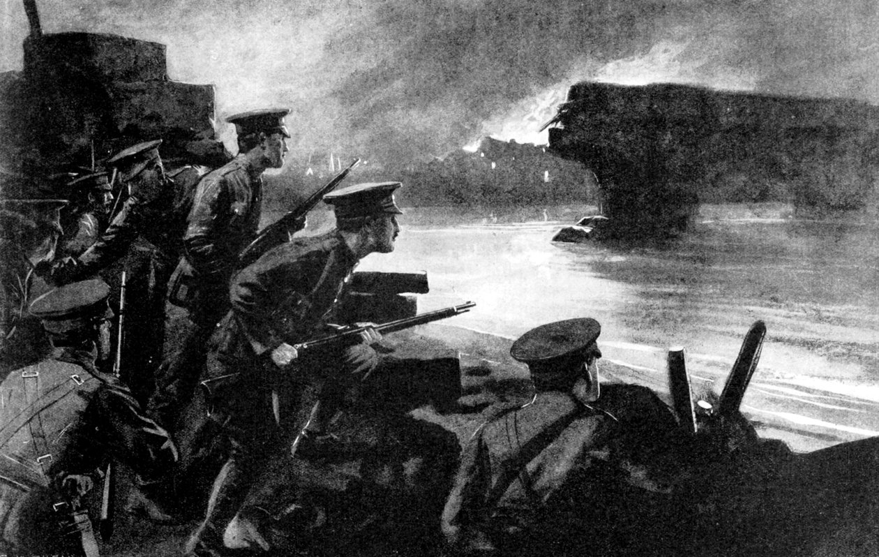 Wojska brytyjskie na brzegu rzeki przygotowane do natarcia Niemców, Belgia, I wojna światowa, 1914 autorstwa Unbekannt