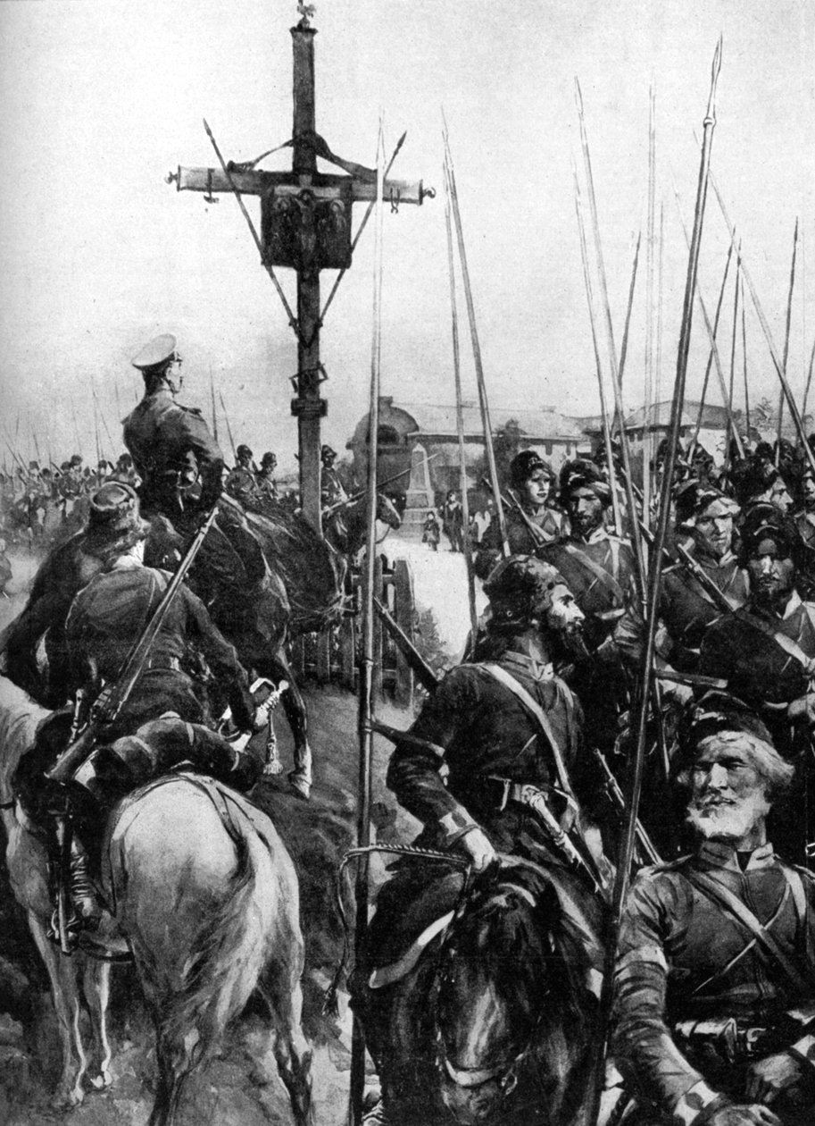 Wojska brytyjskie przechodzące przez galicyjską wioskę, Hiszpania, I wojna światowa, 1914 autorstwa Unbekannt