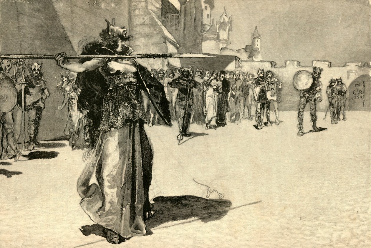 Brunhilda, Królowa Wojowników, ciska włócznią w tarczę Gunthera, 1882. autorstwa Unbekannt