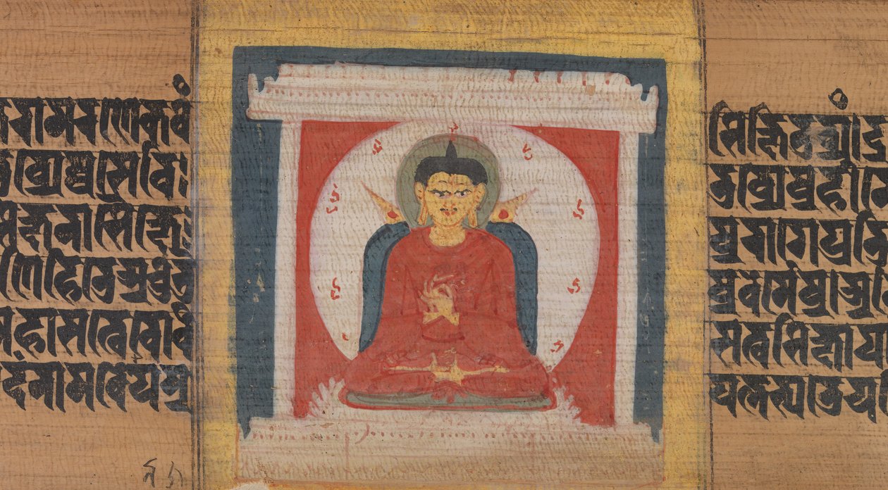 Budda na tronie w sanktuarium, liść z... Pancavimsatisahasrika Prajnaparamita..., ca. 1090. autorstwa Unbekannt