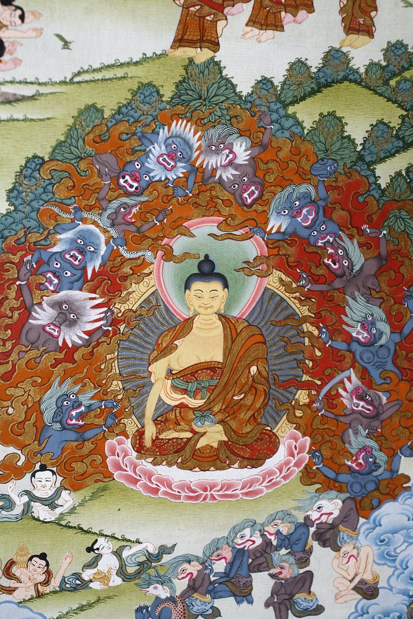 Budda Sakja Muni otoczony pokusą. Thangka, Bhaktapur, Nepal autorstwa Unbekannt