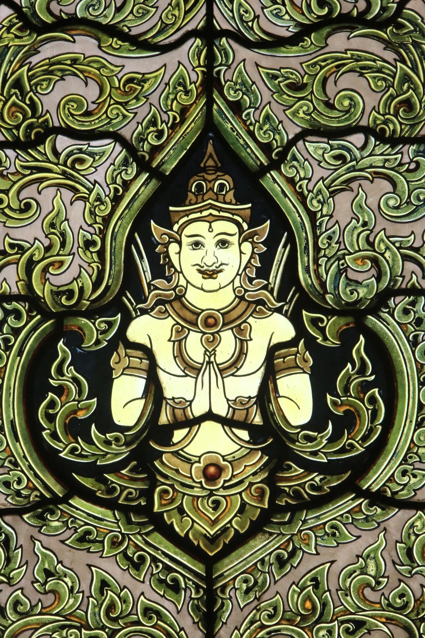 Budda. Witraż. Marmurowa Świątynia. Wat Benchamabophit Dusitvanaram Ratchaworawiharn. 1899. Bangkok. Tajlandia autorstwa Unbekannt