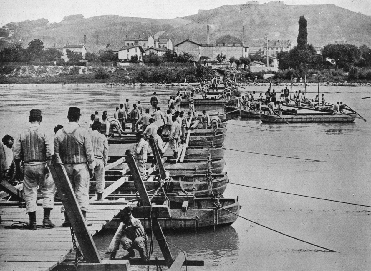 Budowa mostu pontonowego nad francuskim strumieniem, 1915 autorstwa Unbekannt