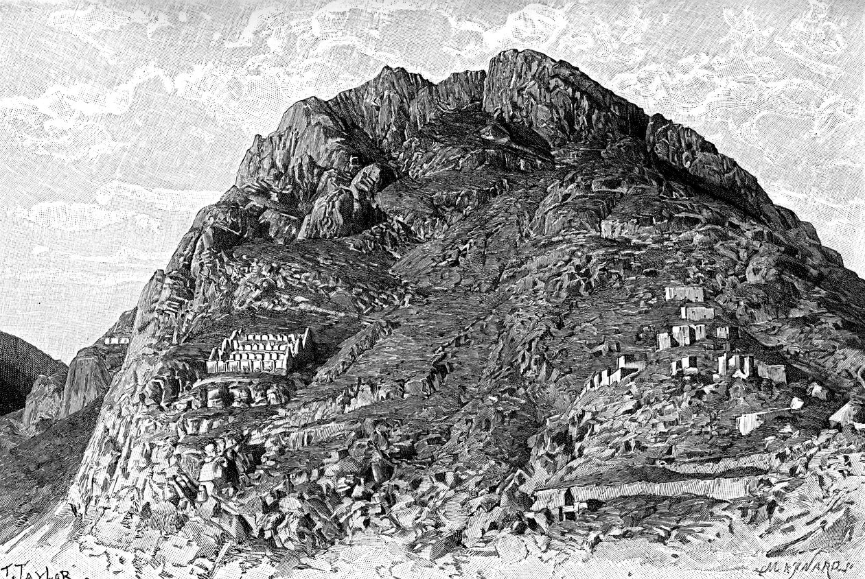 Budynki Inków na Cerro De Las Carceles w Ollantaytambo, Peru, 1895 autorstwa Unbekannt