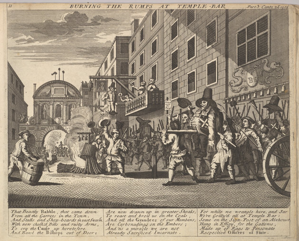 Palenie zadu na Temple Bar Plate 11: Ilustracje do Samuela Butlersa Hudibrasa, 1725-30 . autorstwa Unbekannt