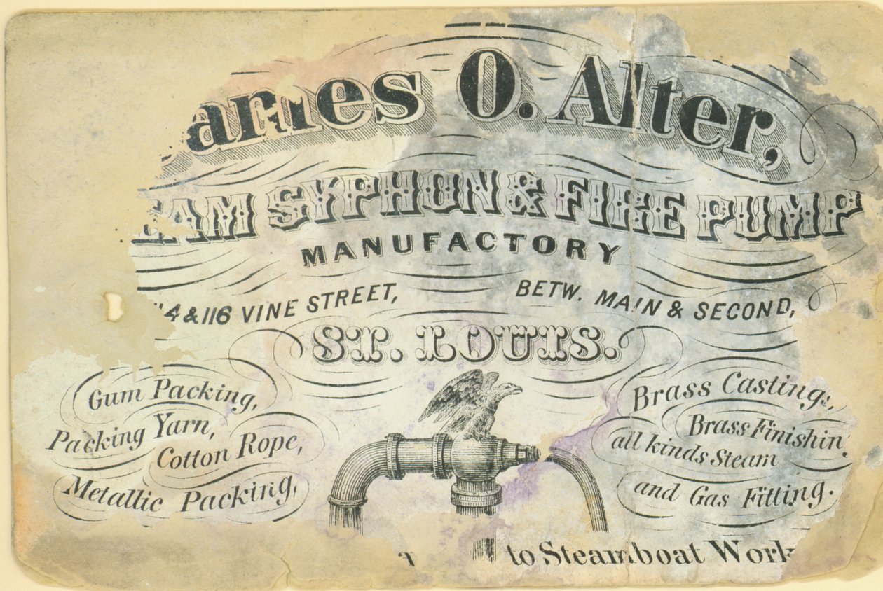 Wizytówka Jamesa O. Altera, manufaktury syfonu parowego i pompy przeciwpożarowej, St. Louis, ca. 1870 autorstwa Unbekannt