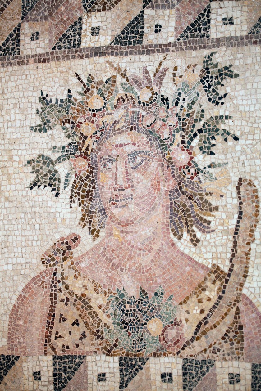 Popiersie wiosny - Szczegół panelu Czterech pór roku - Mozaiki Pafos, Dom Dionizosa - Cypr - Personifikacja Wiosny - Szczegół mozaiki czterech pór roku - Mozaiki Pafos, Dom Dionizosa - Koniec II wieku po JC - Strona UNSECO - Cypr autorstwa Unbekannt