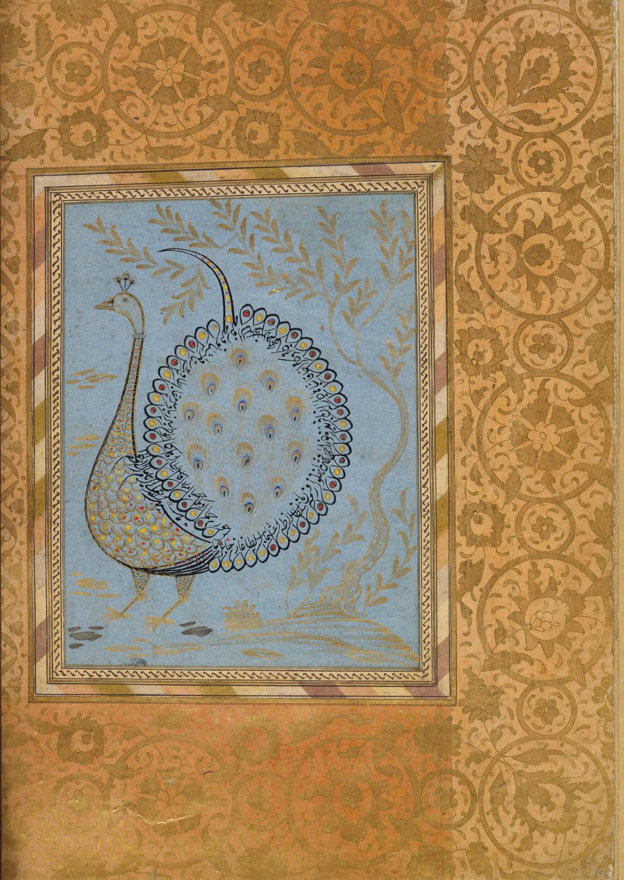 Kompozycja kaligraficzna w kształcie pawia, folio z Albumu Belliniego, ca. 1600. autorstwa Unbekannt