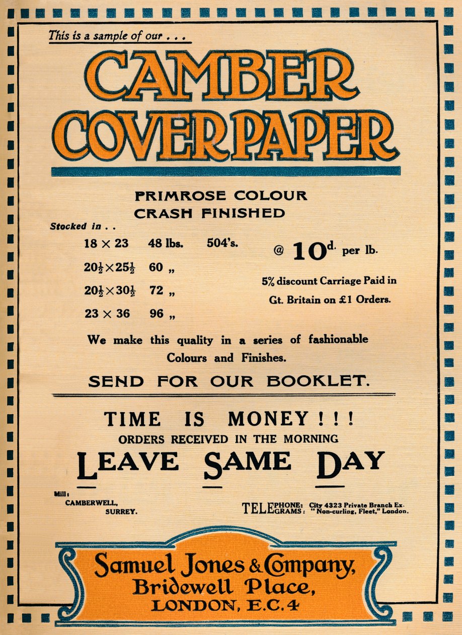 Camber Coverpaper - reklama Samuel Jones & Company, 1919 autorstwa Unbekannt