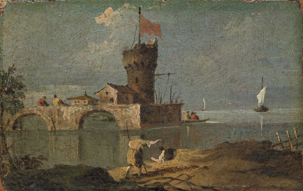 Capriccio z okrągłą wieżą, dwoma domami i mostem, XVIII w. autorstwa Unbekannt