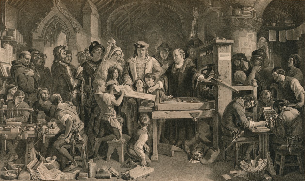 Caxton pokazuje pierwszy egzemplarz swojego druku królowi Edwardowi IV w Westminsterze, ok. 1477 r. 1905 autorstwa Unbekannt