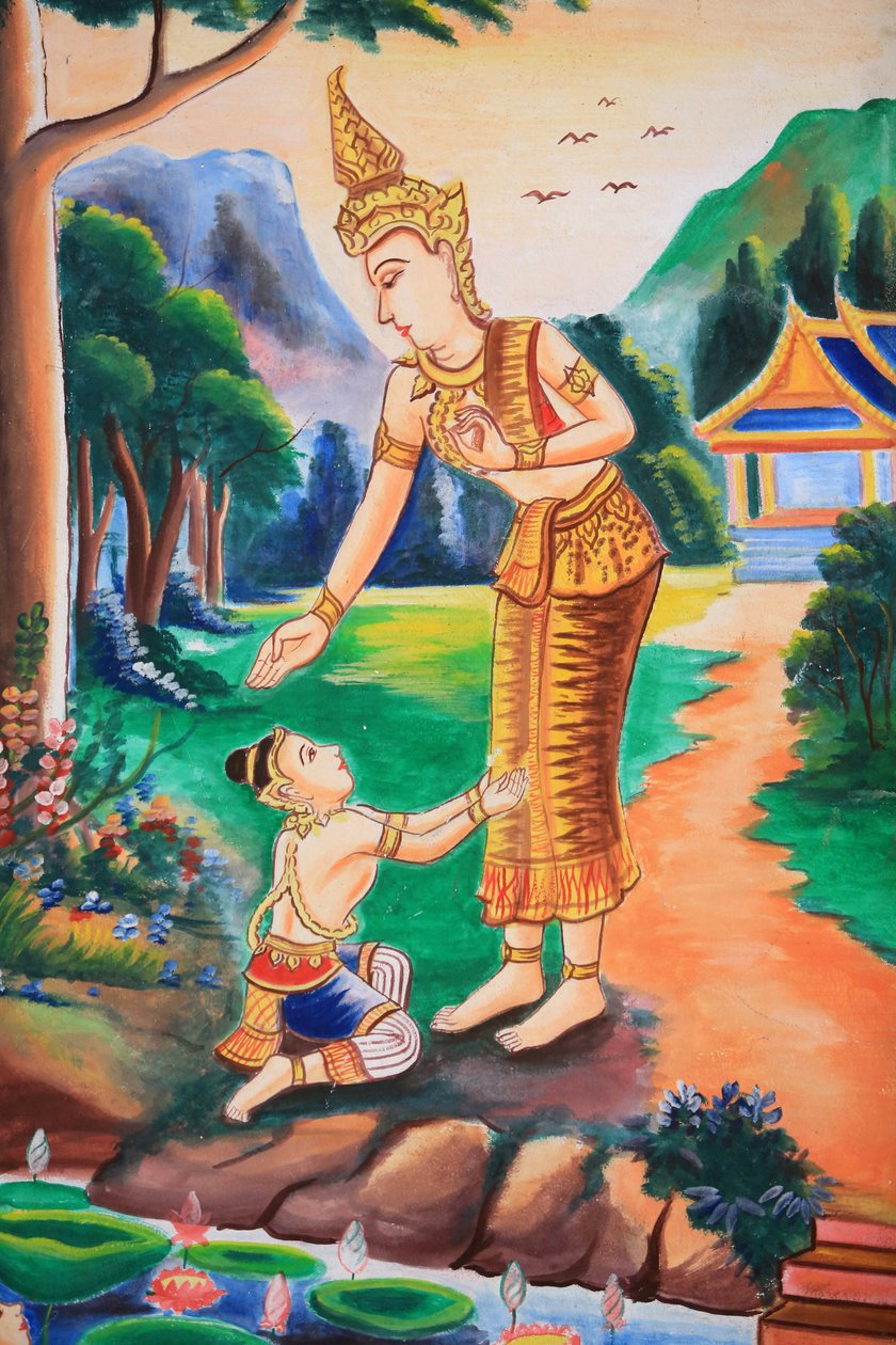 Grafika na suficie przedstawiająca życie Buddy. Świątynia Wat Si Sou Mang Karam. Vieng Vang. Laos, 20151102, Vieng Vang, Laos autorstwa Unbekannt