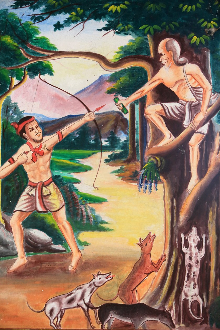 Grafika na suficie przedstawiająca życie Buddy. Świątynia Wat Si Sou Mang Karam. Vieng Vang. Laos, 20151102, Vieng Vang, Laos autorstwa Unbekannt