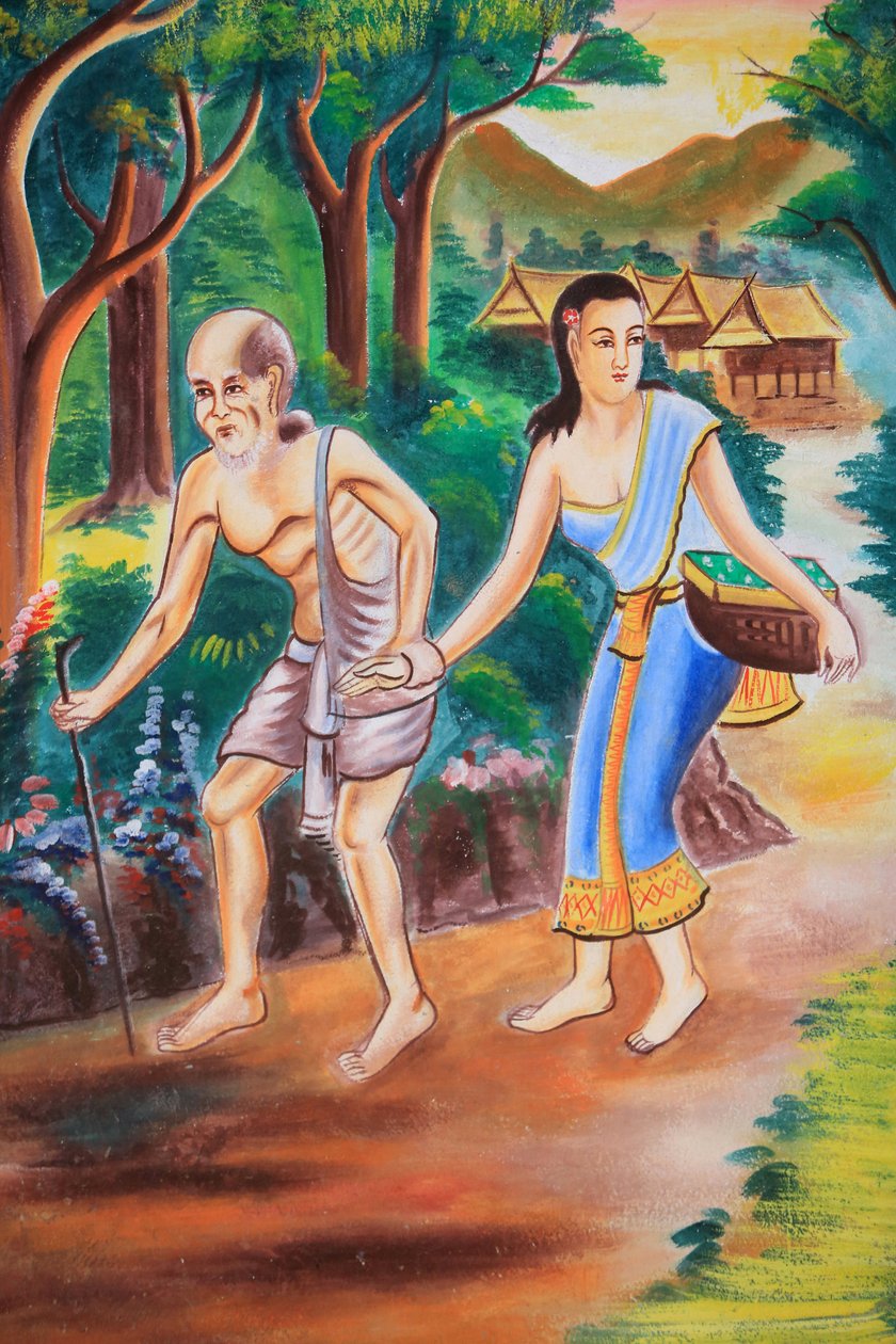 Grafika na suficie przedstawiająca życie Buddy. Świątynia Wat Si Sou Mang Karam. Vieng Vang. Laos, 20151102, Vieng Vang, Laos autorstwa Unbekannt