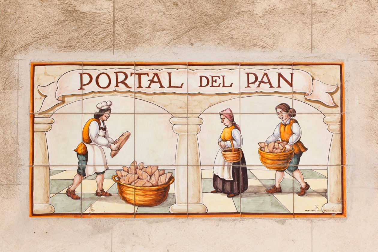 Malowidło na płytkach ceramicznych przedstawiające kram sprzedawcy chleba z XVII lub XVIII wieku na Plaza Mayor, Trujillo, prowincja Caceres, Hiszpania autorstwa Unbekannt