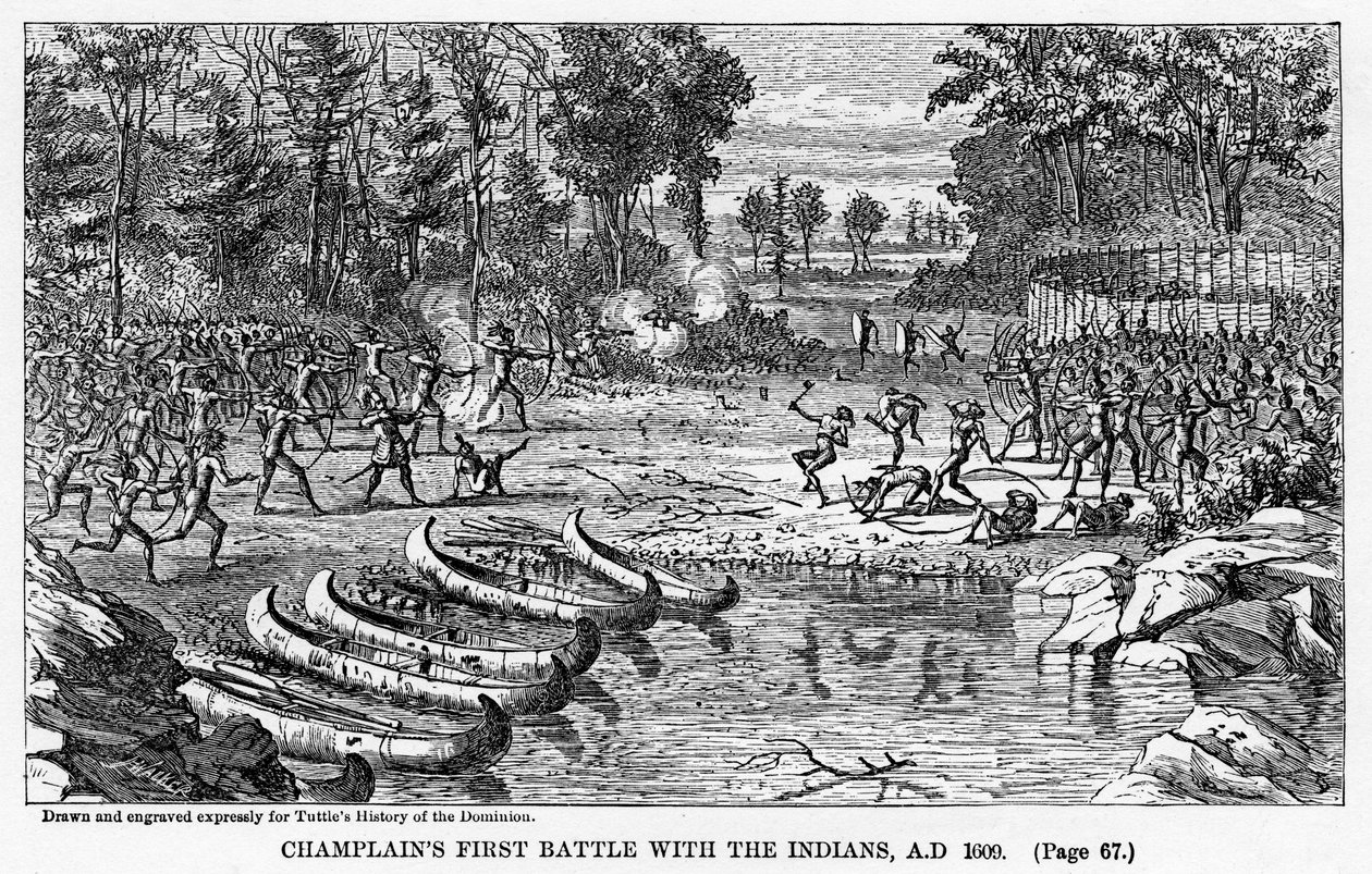 Champlains Pierwsza bitwa z Indianami, AD 1609, 1877 autorstwa Unbekannt