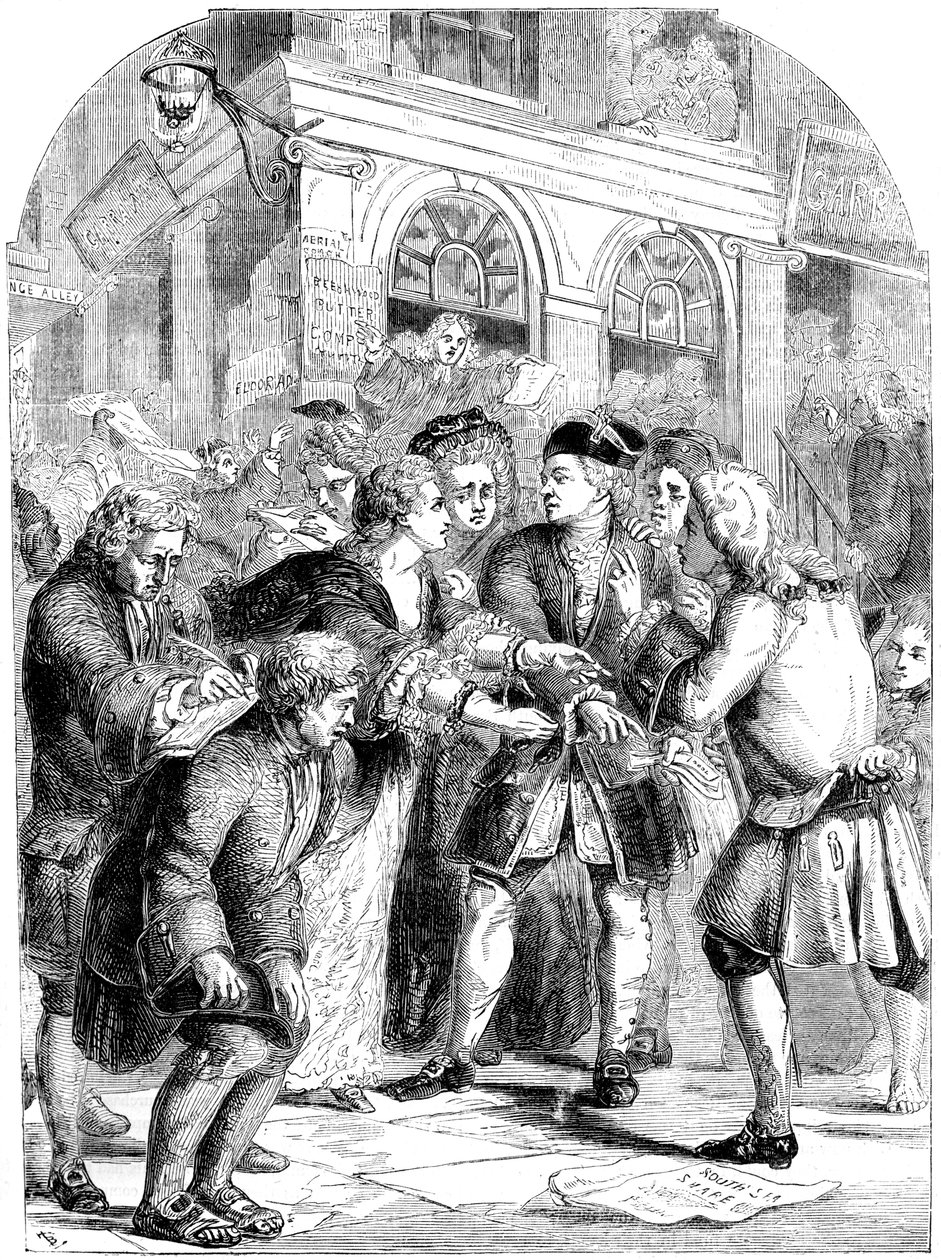 Change Alley, Singapur, podczas szaleństwa Bańki Morza Południowego, ok. 1720 XIX w. autorstwa Unbekannt