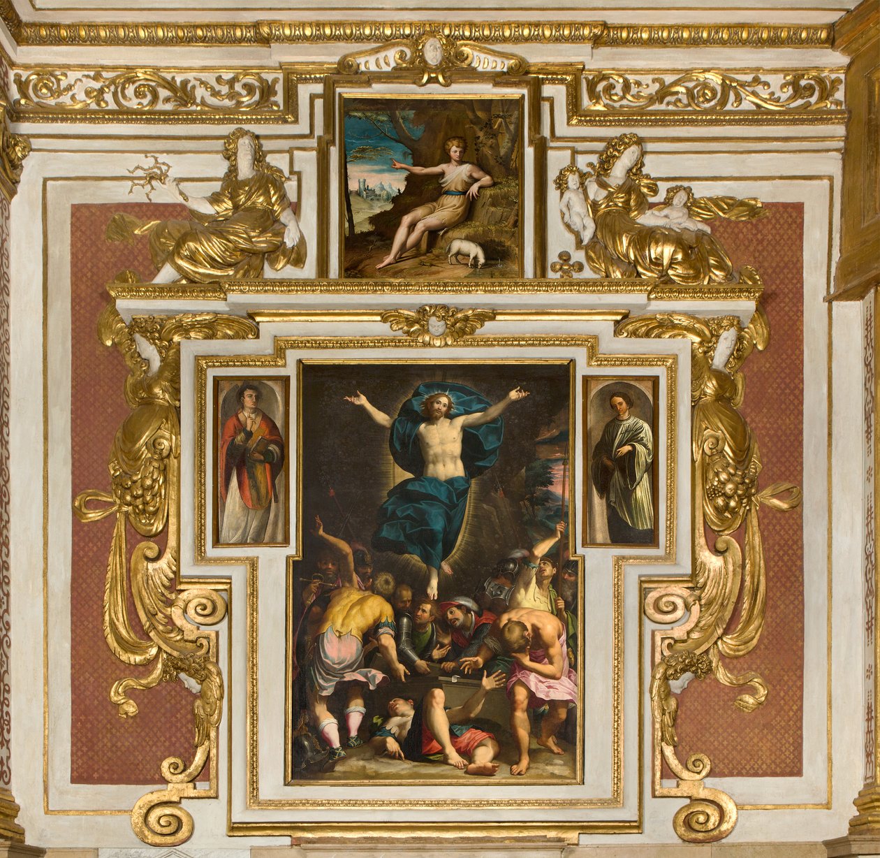 Kaplica Matki Bożej Ludowej, drugie przęsło od strony południowej, Giovan Battista Trotti znany jako Malosso, Zmartwychwstanie 1594, Bernardino Campi, pustynia San Giovanni nel 1569, Katedra Santa Maria Assunta, Duomo, Cremona, Lombardia, Włochy (foto) autorstwa Unbekannt
