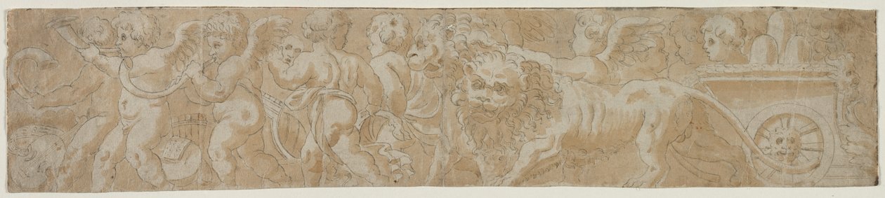 Rydwan ciągnięty przez Lions z Amorini recto Częściowe studium architektoniczne verso, pierwsza połowa XVI wieku. autorstwa Unbekannt