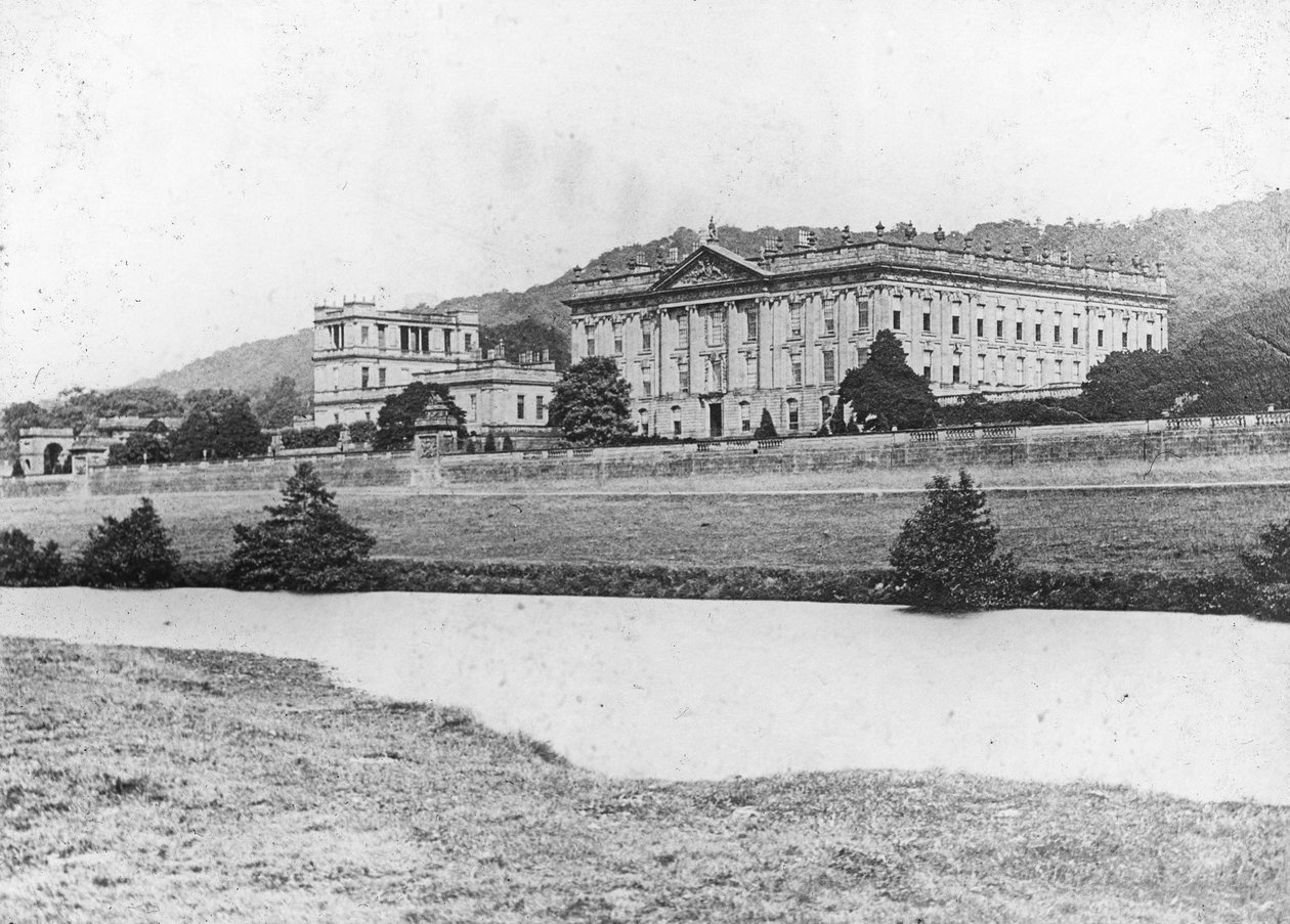 Chatsworth House zza rzeki Derwent, Derbyshire, koniec XIX lub początek XX wieku autorstwa Unbekannt