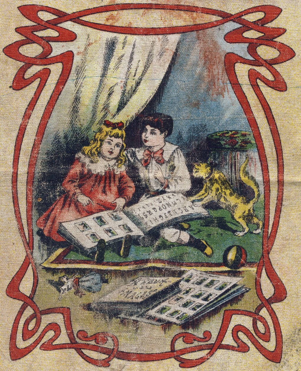Dzieci oglądają książkę z obrazkami, aby zilustrować alfabet. Czwarta okładka albumu drolatic. Seria numer 4 w Albumach-chromo na płótnie. Chromolitografie na tkance. Obrazowanie Marcel Vagne, Jarville-Nancy, początek XX wieku. Wymiary: 25x17,5cm autorstwa Unbekannt