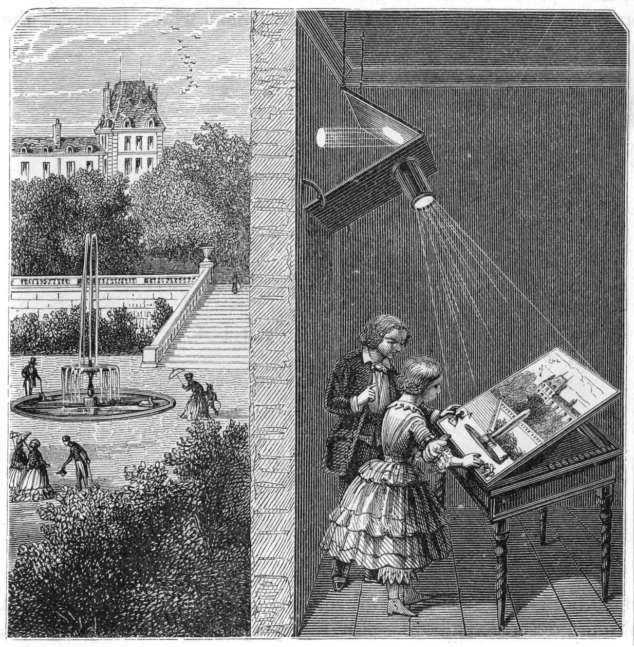 Dzieci oglądające scenę plenerową przez camera obscura, 1887 autorstwa Unbekannt