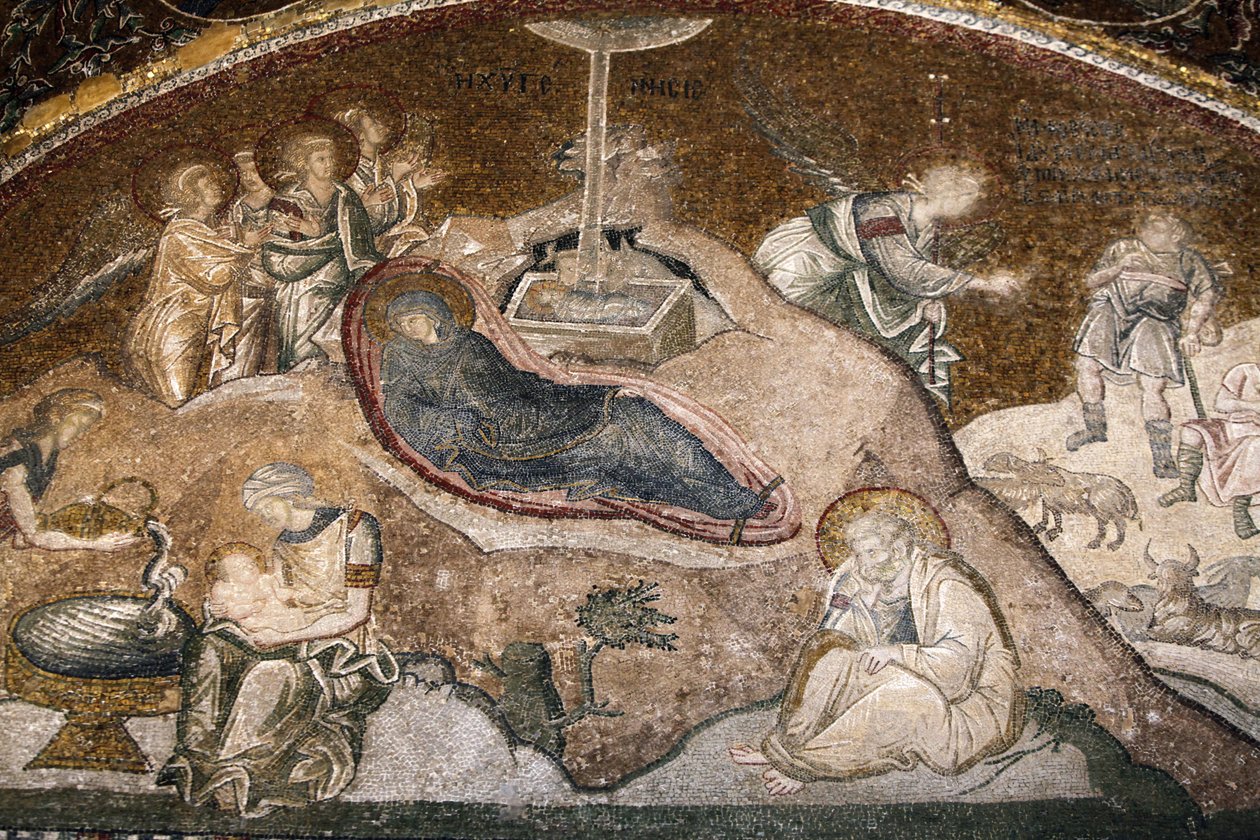 Muzeum kościelne Chora: mozaika narodzin Jezusa (Maryja odpoczywająca po porodzie, siedzący Józef) Istanbul Turquie autorstwa Unbekannt