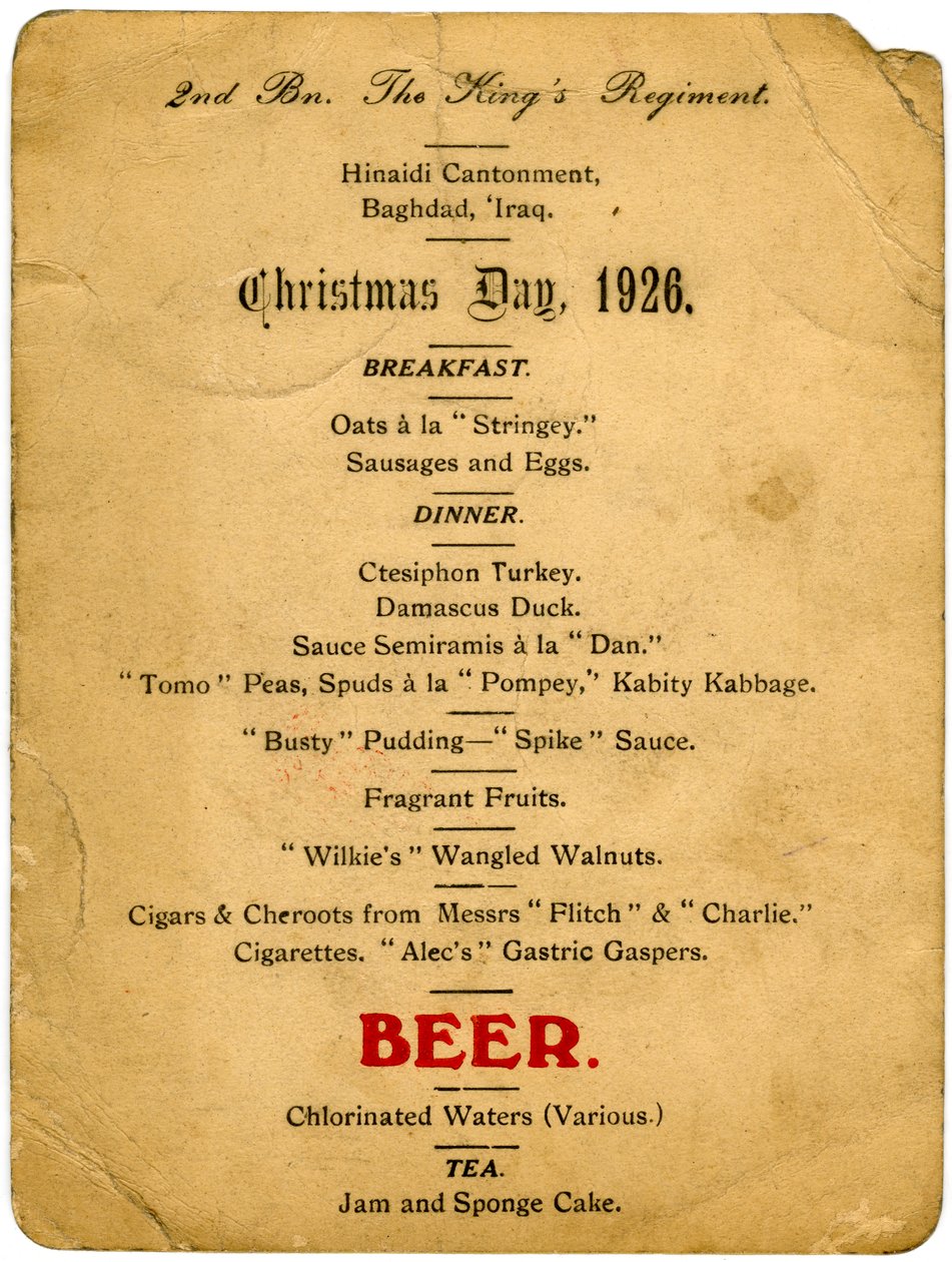 Menu na Boże Narodzenie, 2. Batalion Pułku Królów, Irak, 1926 autorstwa Unbekannt
