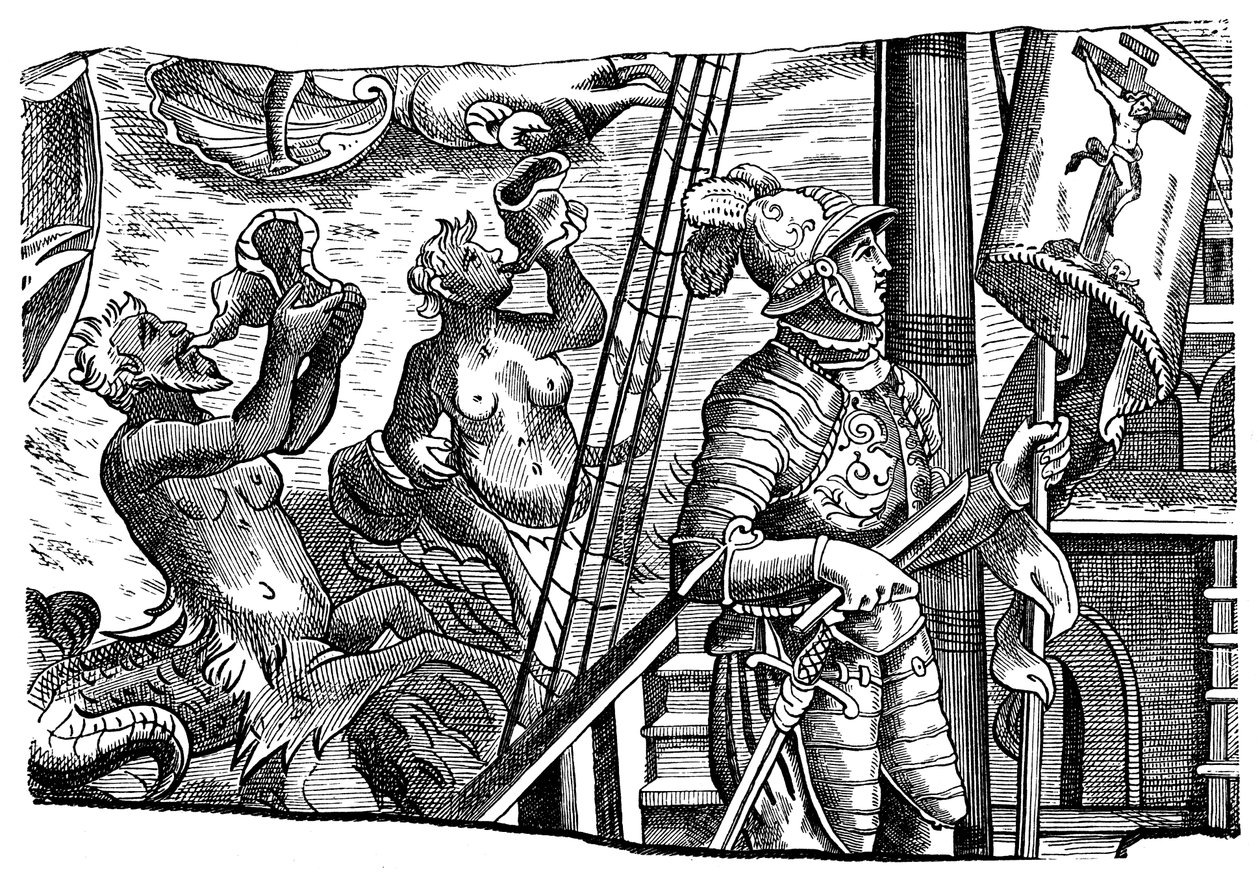 Krzysztof Kolumb podczas swojej podróży do Ameryki, Grawerowanie, c1500 autorstwa Unbekannt