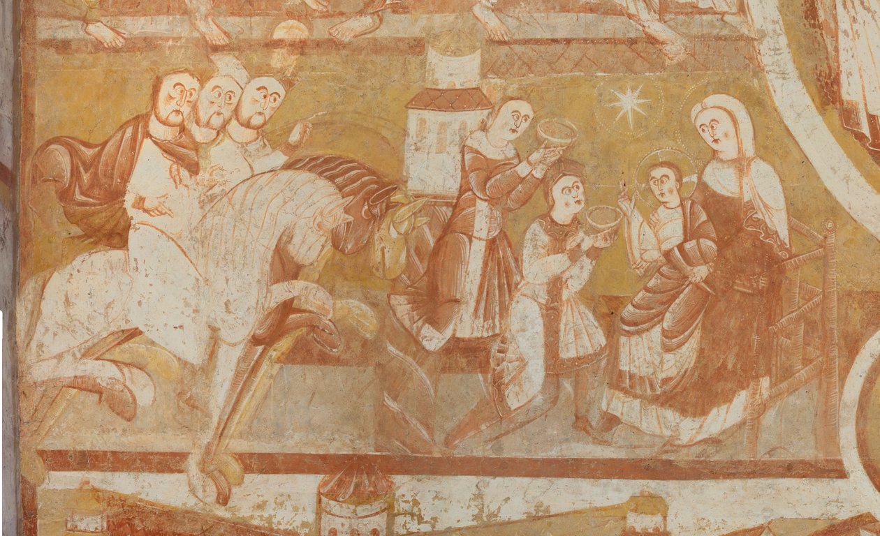 Kościół (Église Saint-Martin). Wnętrze. Malowidła ścienne (fresk). Zachodnia ściana nawy. Szczegół. Przybycie Trzech Króli, adoracja Trzech Króli. XII wiek. autorstwa Unbekannt