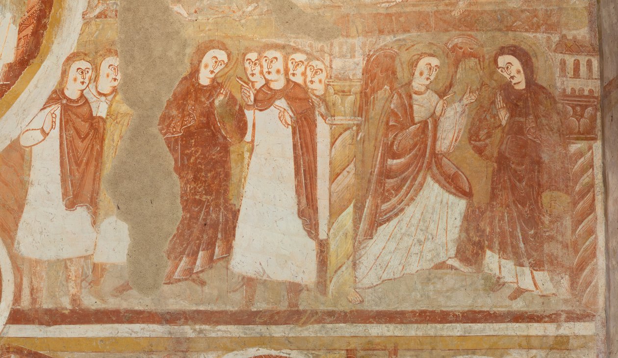 Kościół (Église Saint-Martin). Wnętrze. Malowidła ścienne (fresk). Zachodnia ściana nawy. Szczegół. Oskarżenie i zwiastowanie Dziewicy. XII wiek. autorstwa Unbekannt