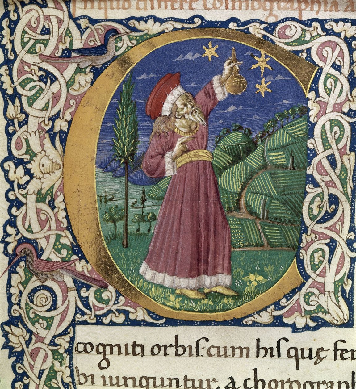 Klaudiusz Ptolemeusz. Fragment historycznej inicjału C Cosmographia, II poł. XV w. autorstwa Unbekannt