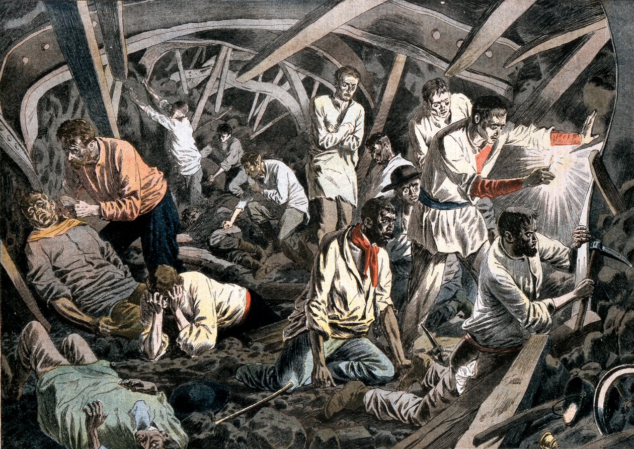 Górnicy uwięzieni pod ziemią przez zawalony dach, Courrieres Mines, Pas-de-Calais, Francja, 1906 autorstwa Unbekannt